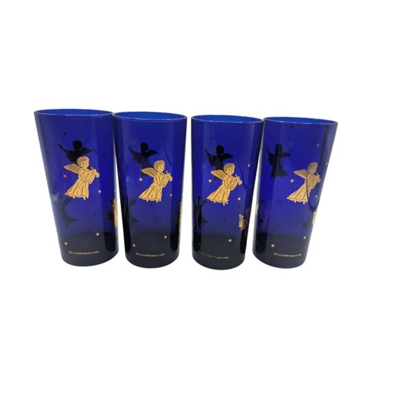 VTG Set 4 Cobalt Blue Cherub Culver Drinking Glass Tom Collins Barware 22K Gold - Picture 3 of 10